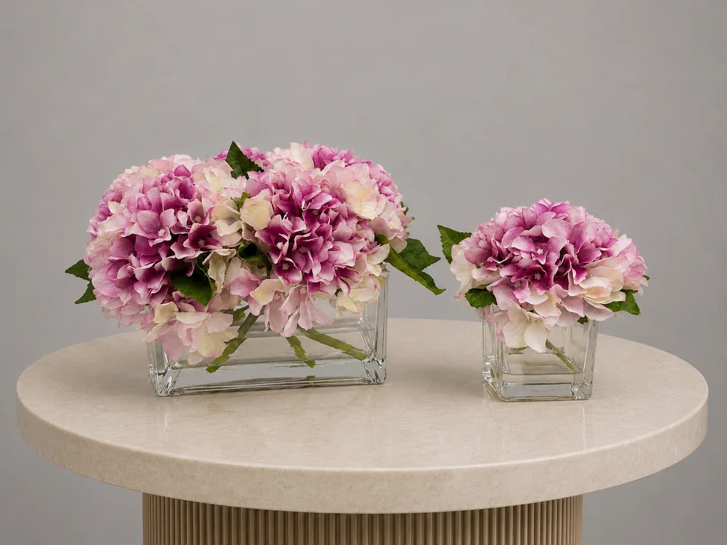 Artificial Hydrangeas in Rectangular Glass Vase | ZAHRÁ Home Dubai