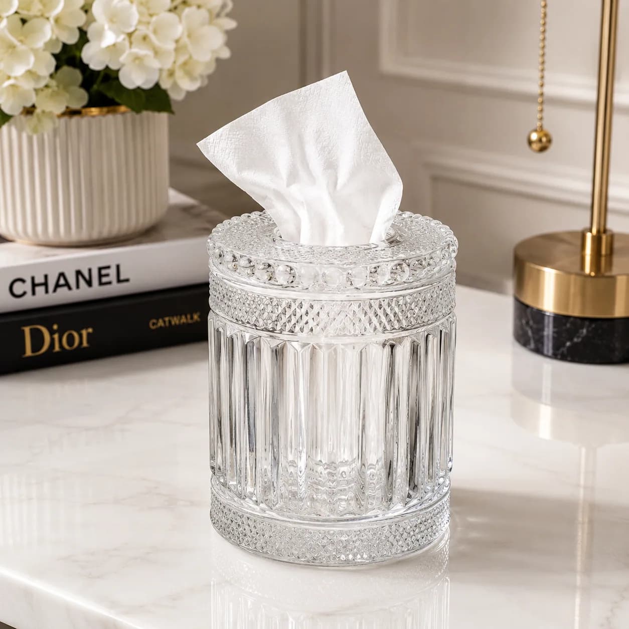 Embossed Glass Tissue Paper Container with Lid